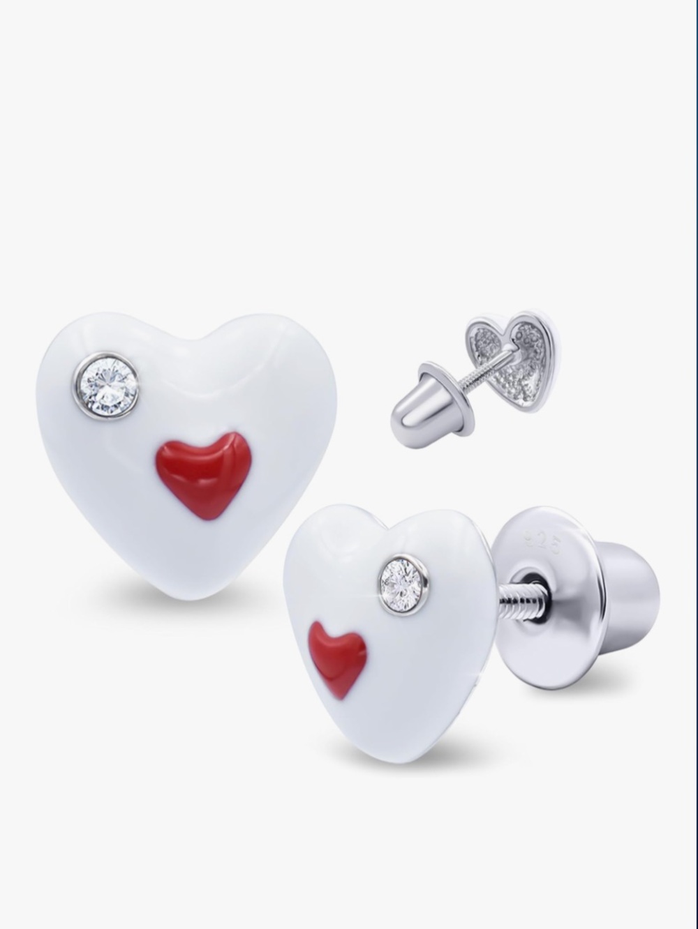 New Uma Umi White Heart Stud Earrings with Red Accent and Crystal